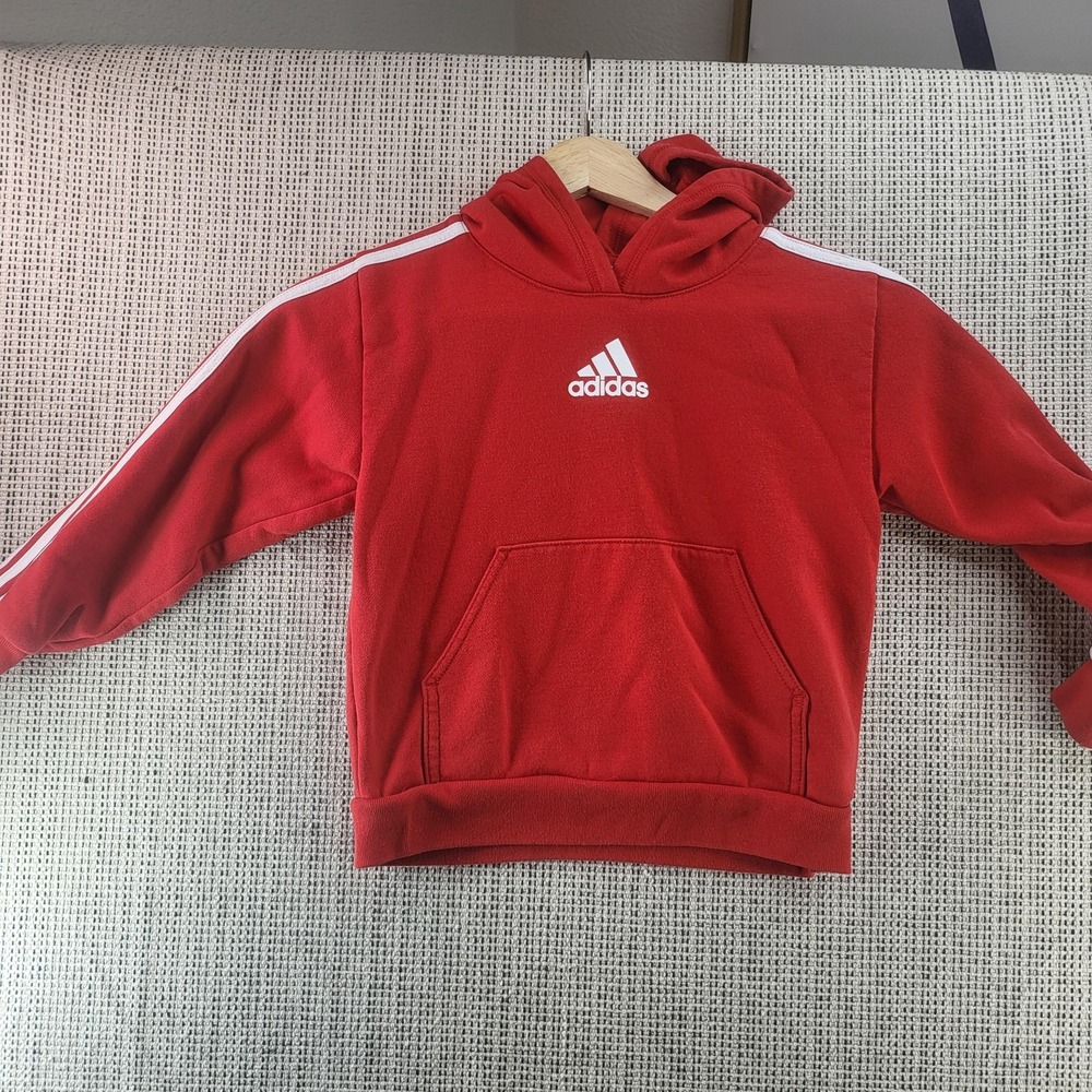 Adidas Hoodie Youth 5 Red Fleece Pullover 3 Stripe Logo Sweatshirt Athletic